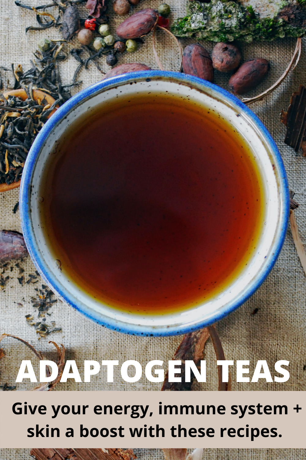 Here are five adaptogen teas + adaptogen tea recipes that make you glow, boost immue system function, support fatigue, stress, and longevity.